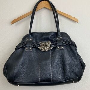 Aqua Madonna Black Leather Shoulder Bag Purse with Braid embellishment